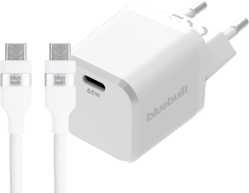 BlueBuilt 65W GaN Usb C Oplader Wit + Usb C Kabel 240W 2m Nylon Wit
